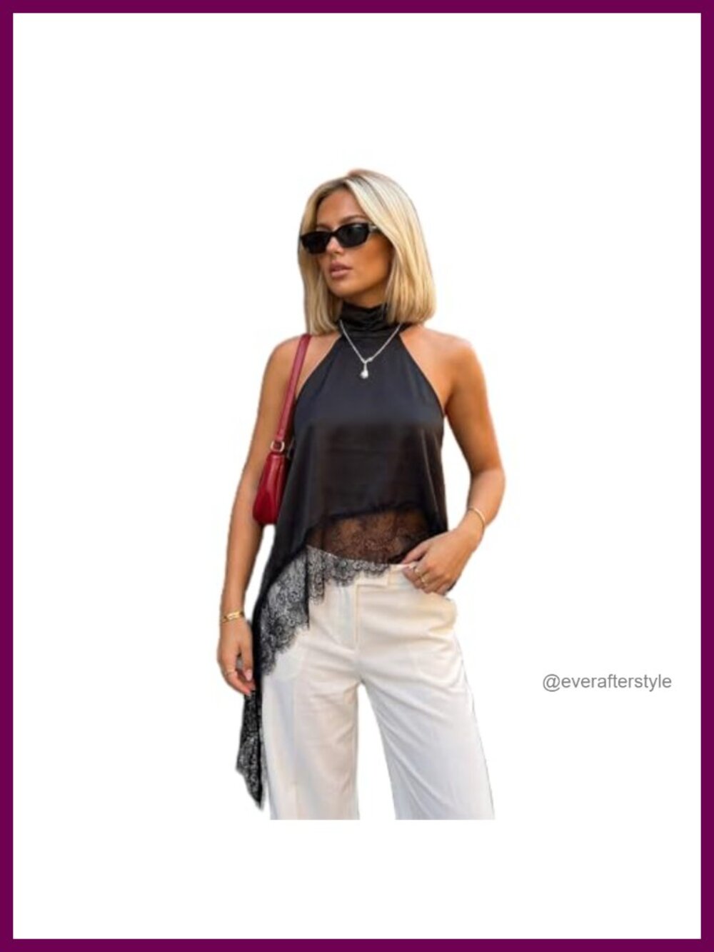Satin Halter Top Lace Trim Mock Neck Sleeveless Backless Asymmetric Hem